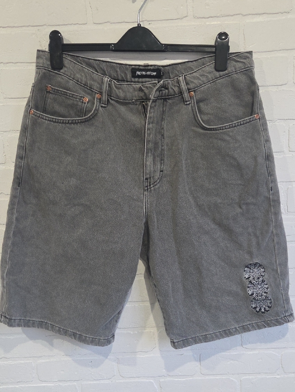 F*cking Awrsome Gray Washed Denim Shorts with Embroidered Detail-Damaged